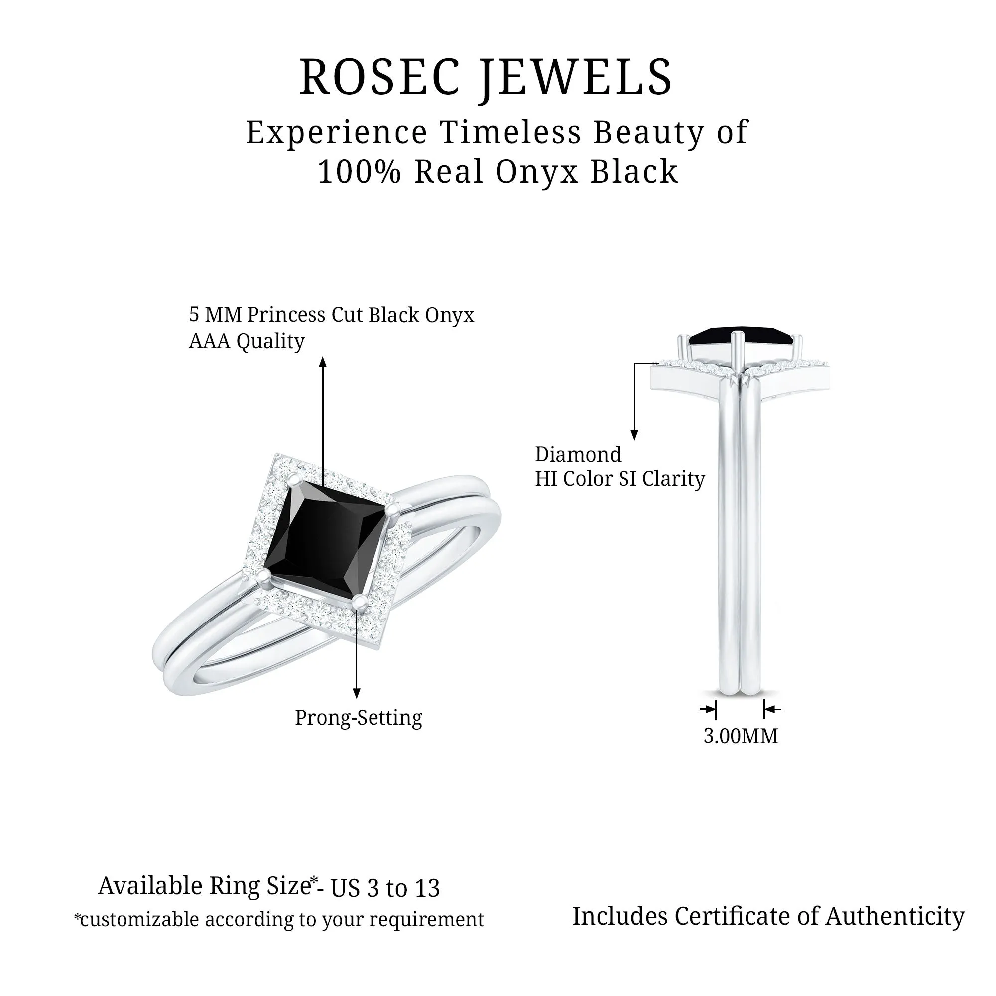 0.75 CT Minimal Princess Cut Black Onyx and Diamond Engagement Enhancer Ring Set