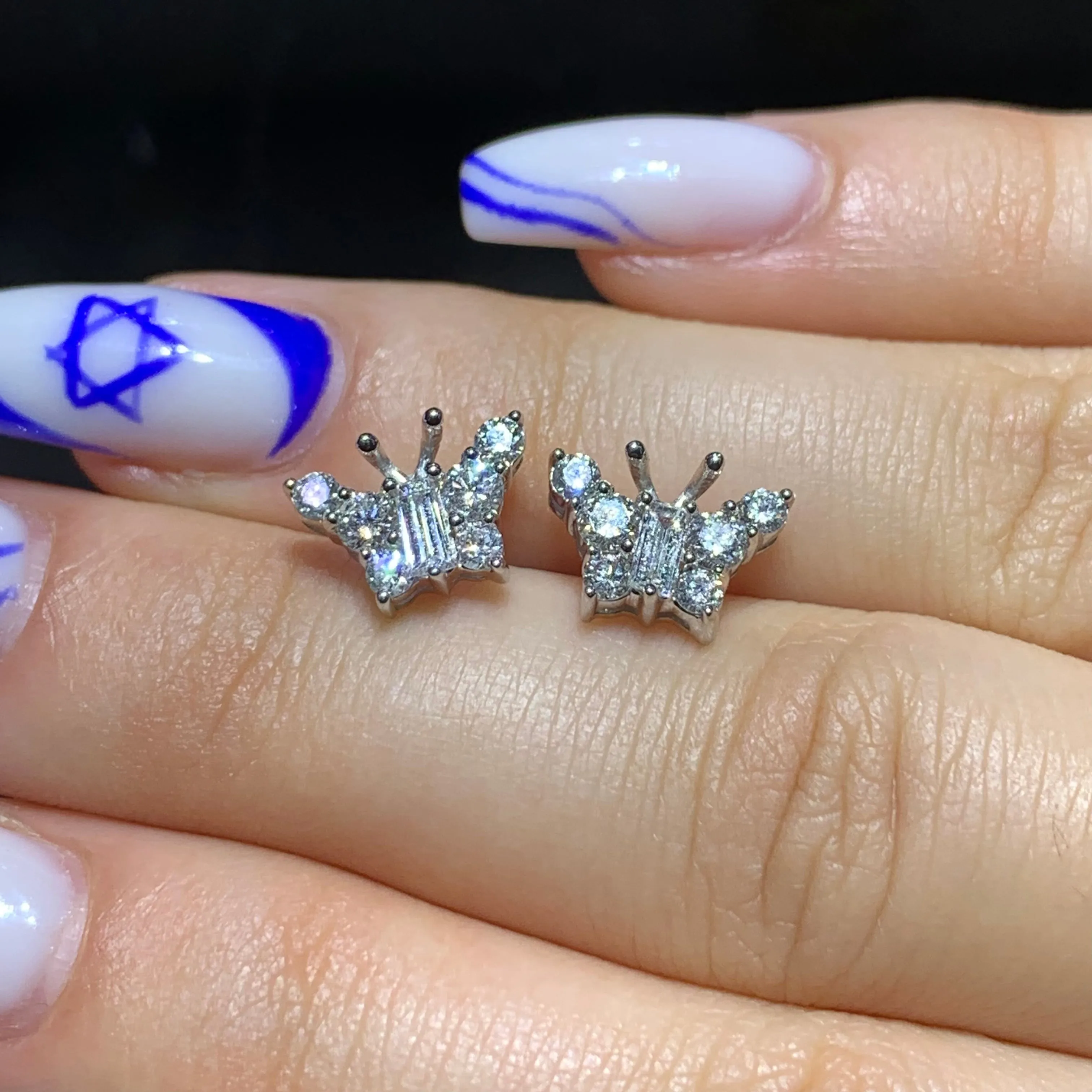 14k White Gold and Diamond Butterfly Earrings with Emerald cut and Round diamonds