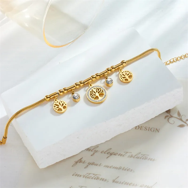 316L Stainless Steel Round Tree White Zircon Charm Bracelet For Women