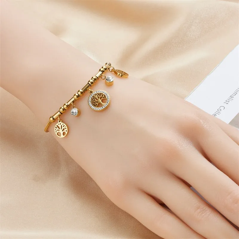 316L Stainless Steel Round Tree White Zircon Charm Bracelet For Women