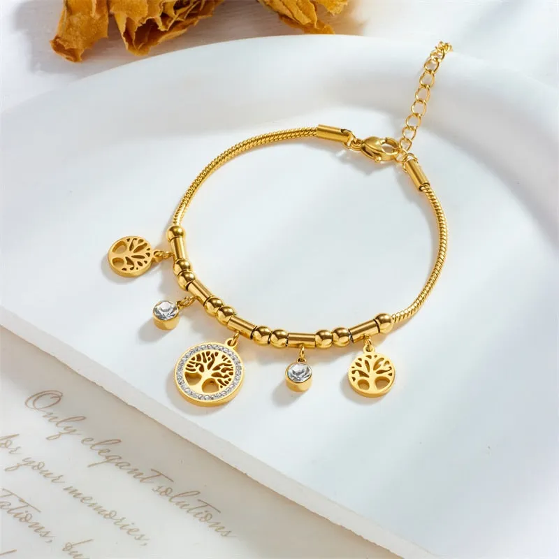 316L Stainless Steel Round Tree White Zircon Charm Bracelet For Women