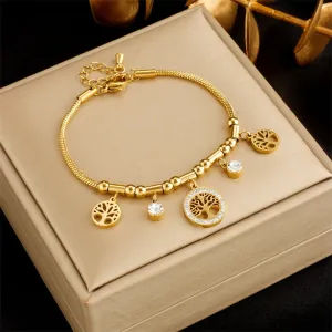 316L Stainless Steel Round Tree White Zircon Charm Bracelet For Women