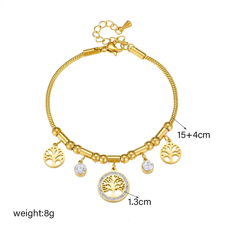 316L Stainless Steel Round Tree White Zircon Charm Bracelet For Women