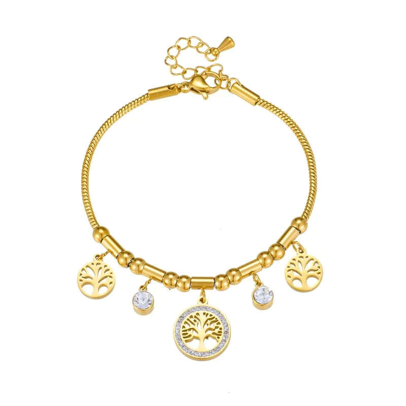316L Stainless Steel Round Tree White Zircon Charm Bracelet For Women