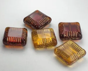 Amber Carved Square Beads Picasso Czech Glass Beads 5 Pcs. CS-028