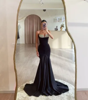 Ballbellas Stunning Black Satin Strapless Sleeveless Mermaid Prom Dress with Beadings