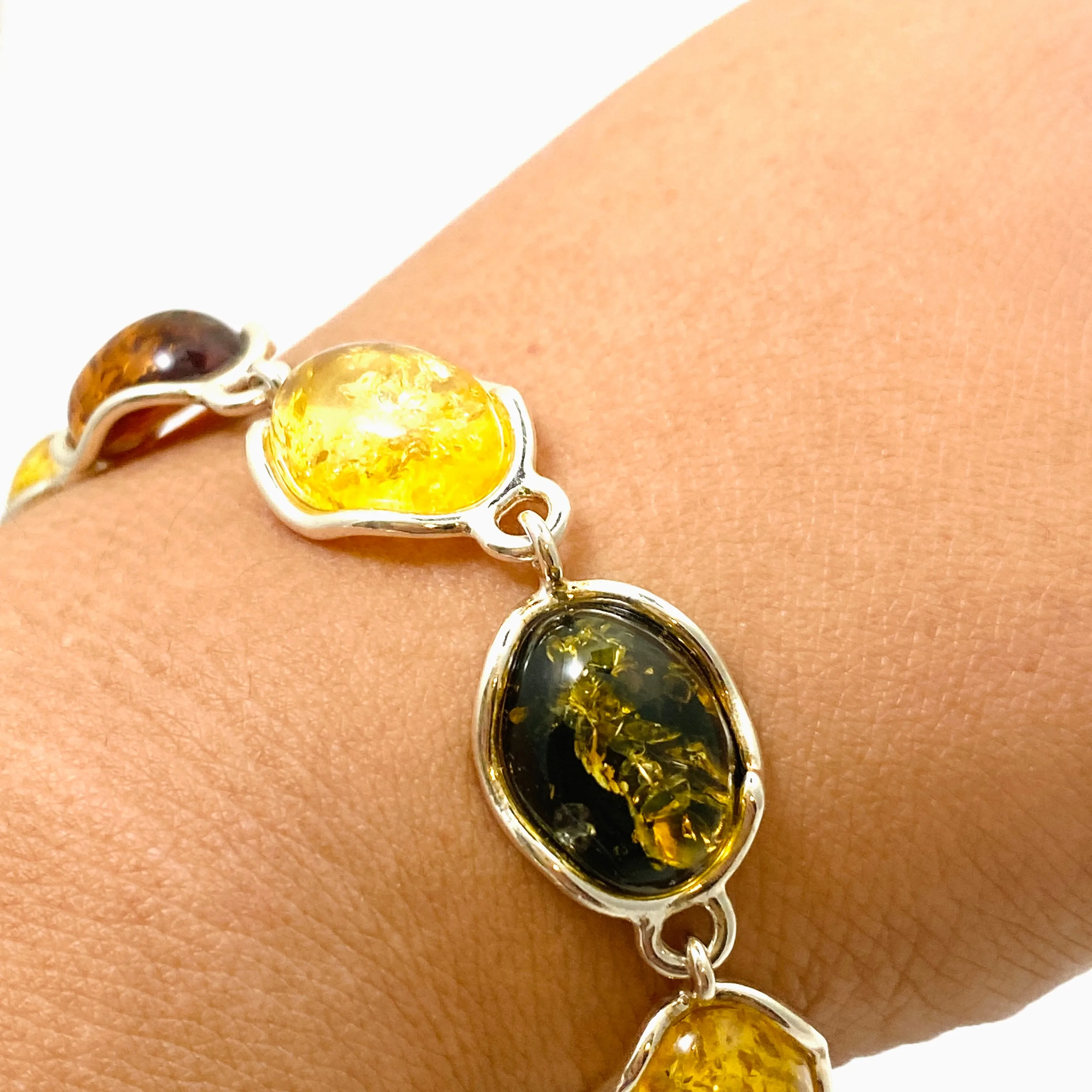 Baltic Amber Mixed Multi-stone Oval Cabochon Bracelet AMB296