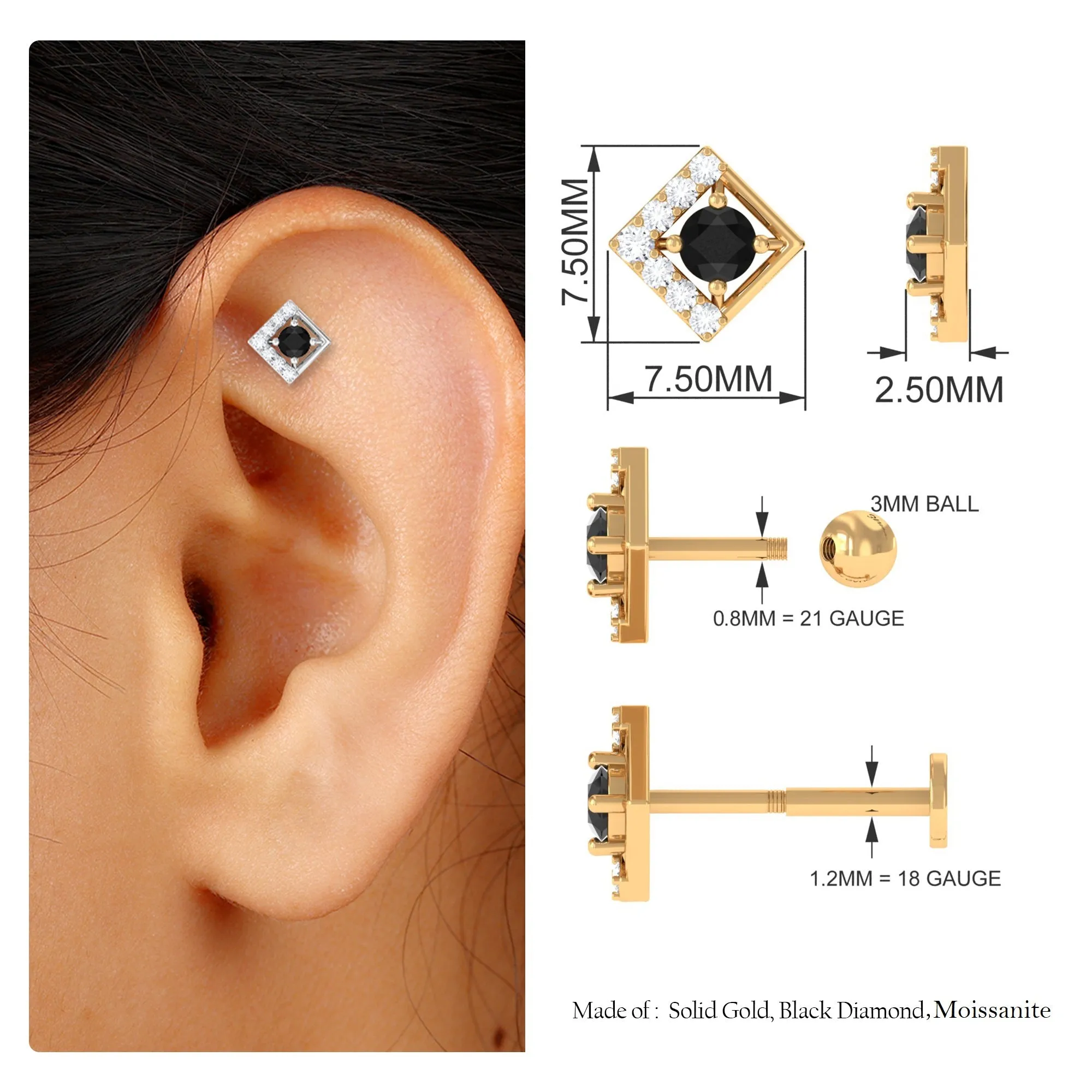 Black Diamond Square Geometric Earring with Moissanite