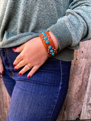 Brown Turquoise Stud Leather Bracelet