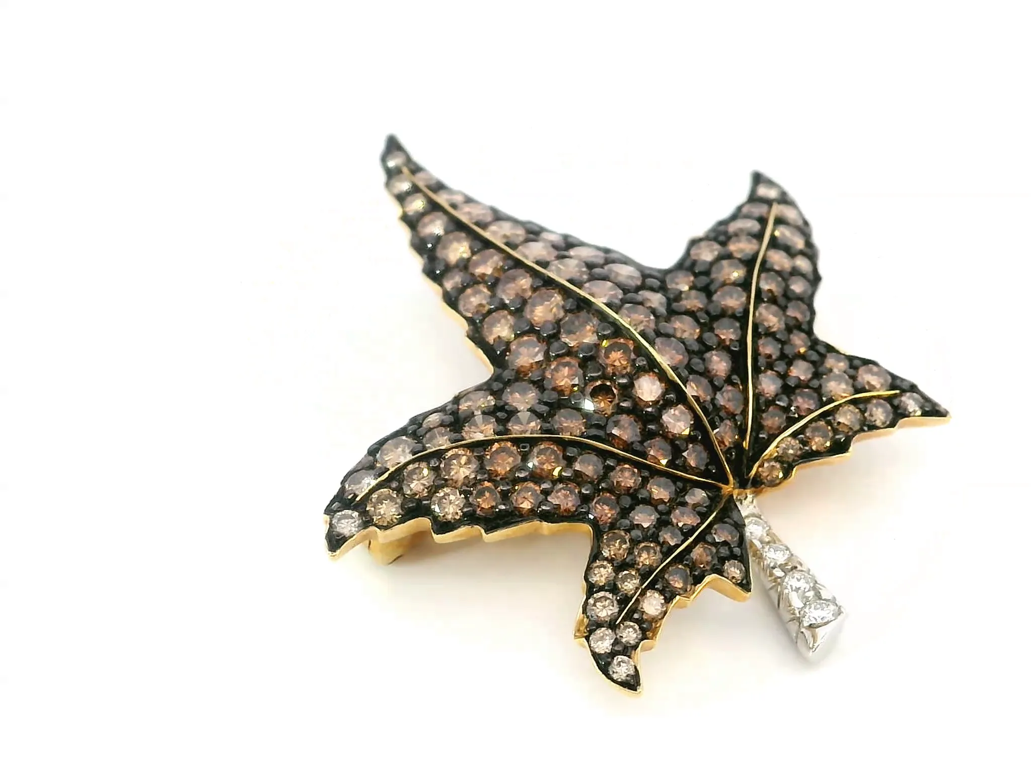 Champagne & Chocolate Diamond Leaf Pendant / Brooch
