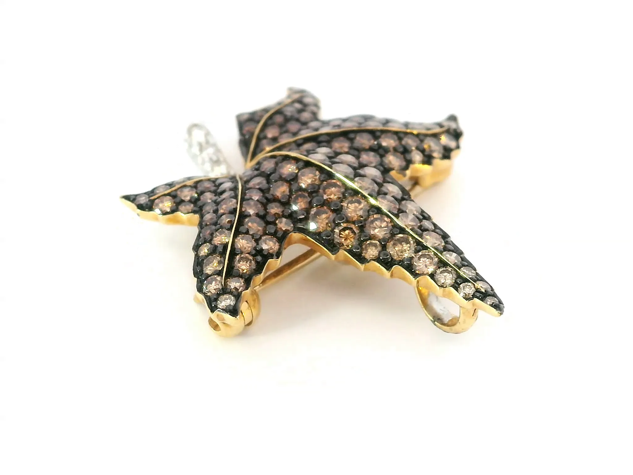 Champagne & Chocolate Diamond Leaf Pendant / Brooch