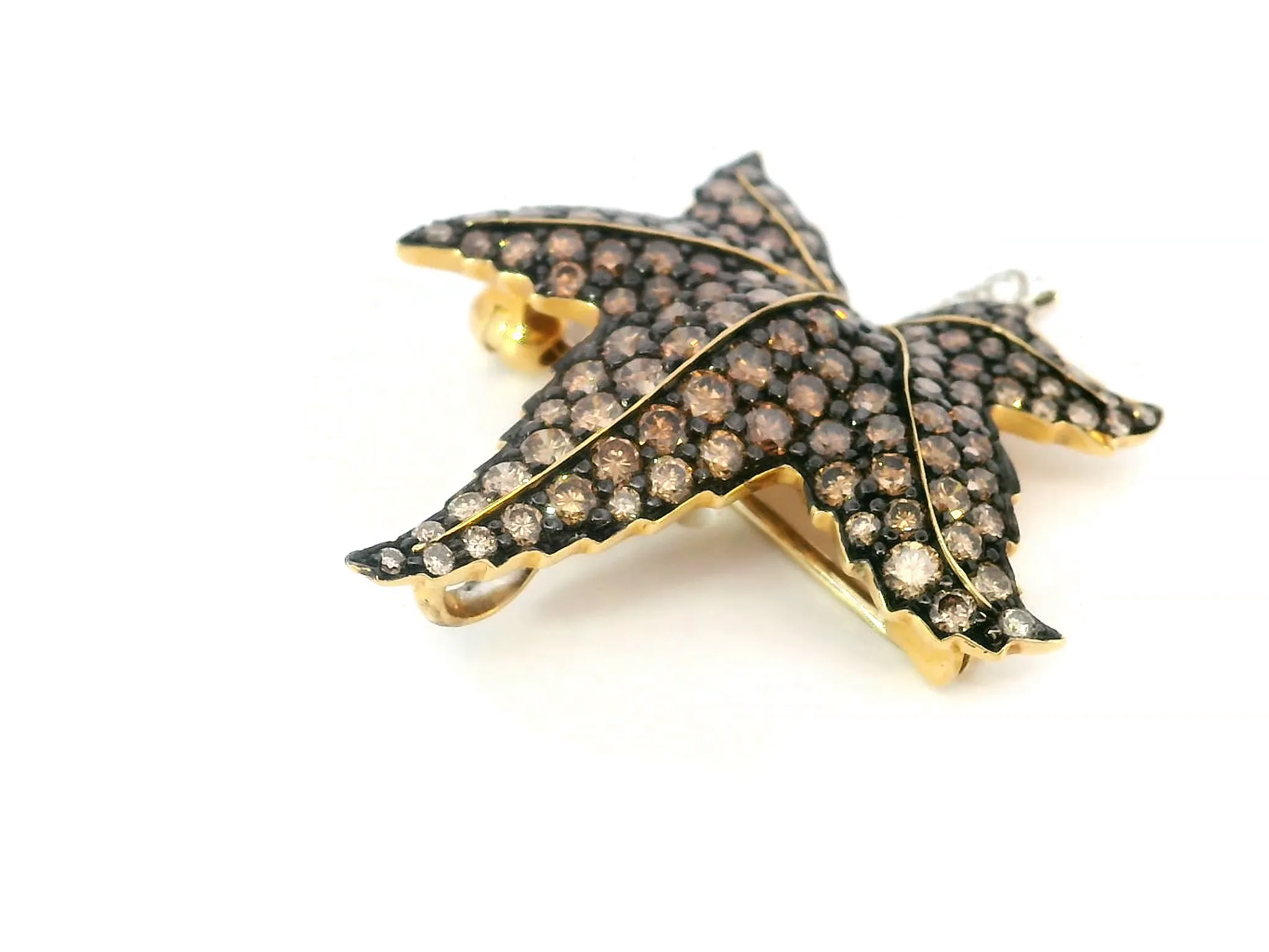 Champagne & Chocolate Diamond Leaf Pendant / Brooch