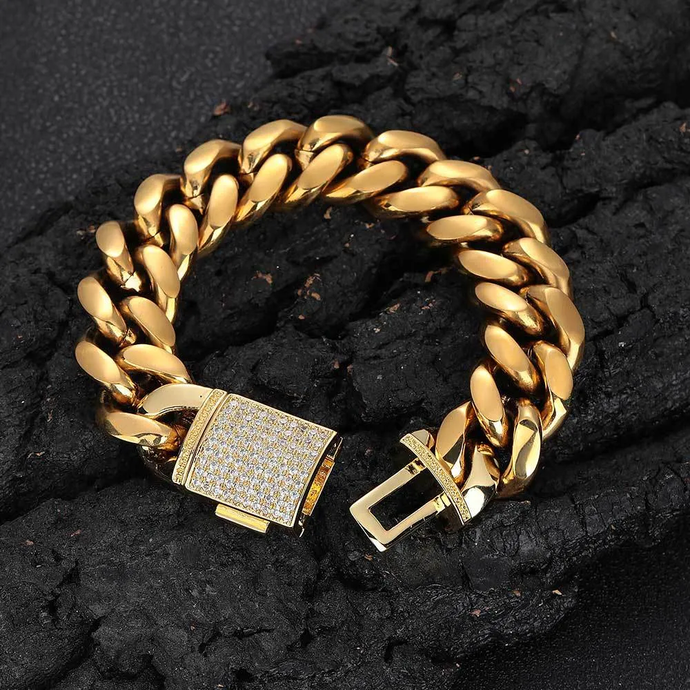 Color: Golden Width 18mm, Purity: Bracelet 9 Inches - Stainless Steel Bracelet Ornament Male Zircon Flip Buckle