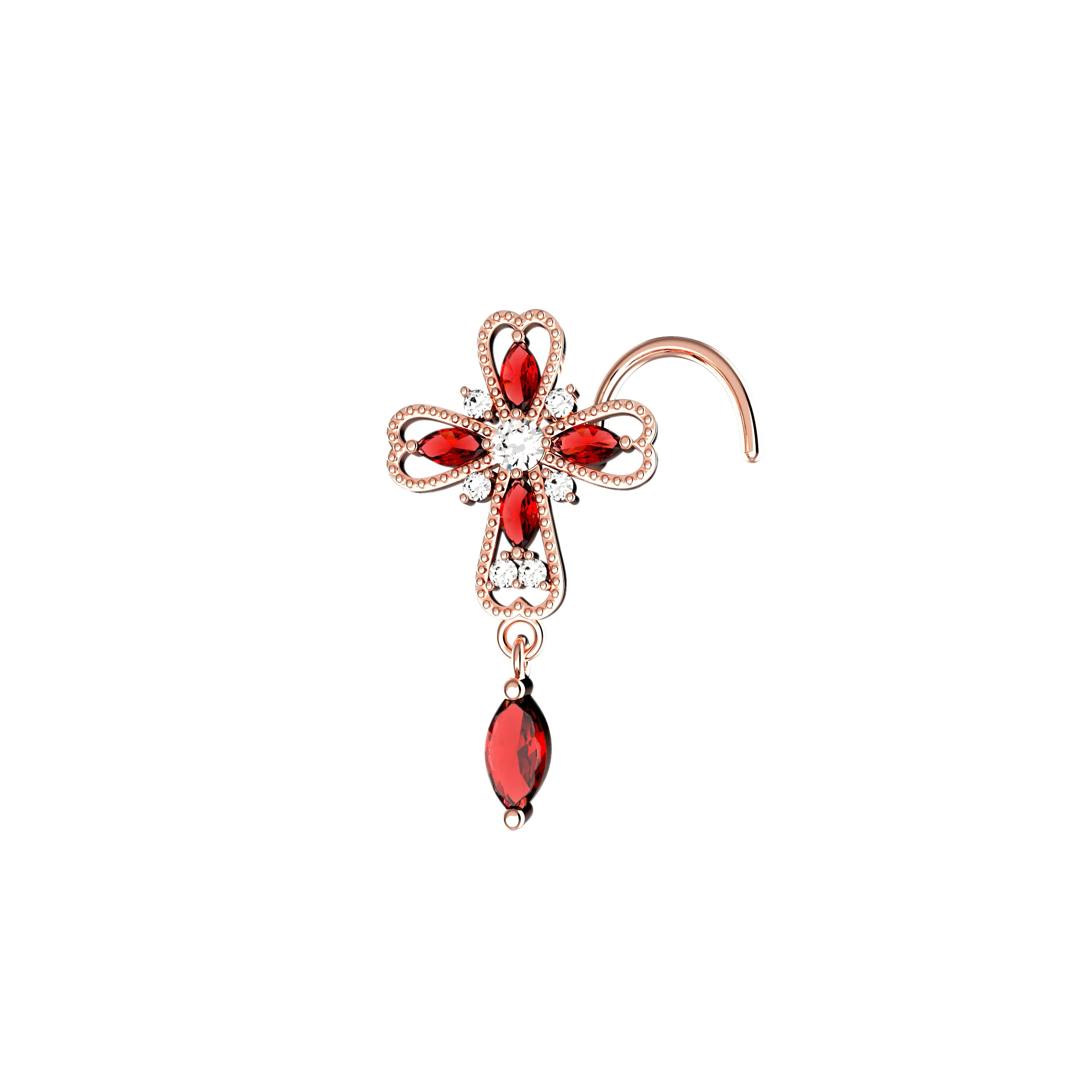 Cross Garnet Dangle Nose Ring – Gold Piercing Jewelry for Women