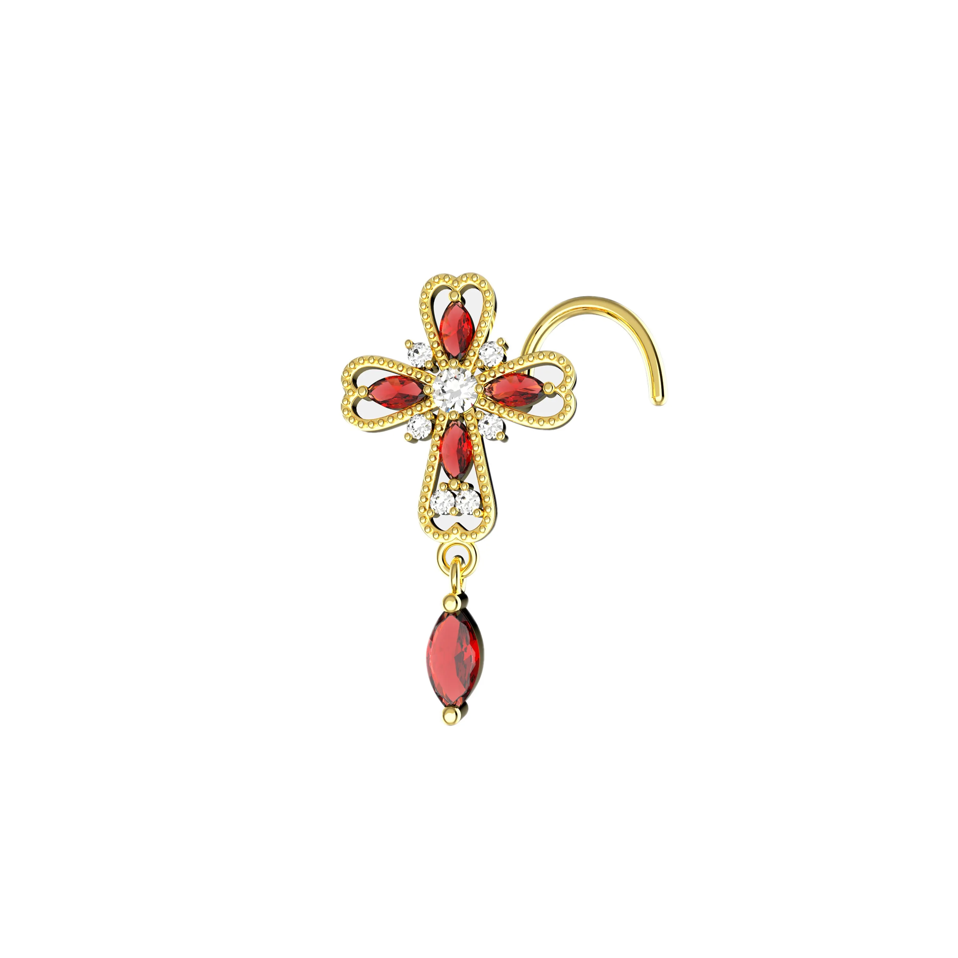 Cross Garnet Dangle Nose Ring – Gold Piercing Jewelry for Women