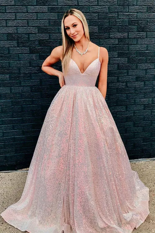 Elegant Stunning Pink Sequins A-Line Long Prom Dress Evening Dress