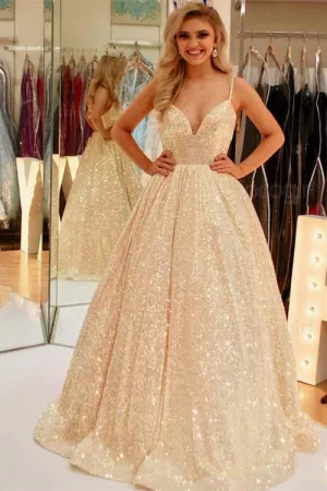 Elegant Stunning Pink Sequins A-Line Long Prom Dress Evening Dress