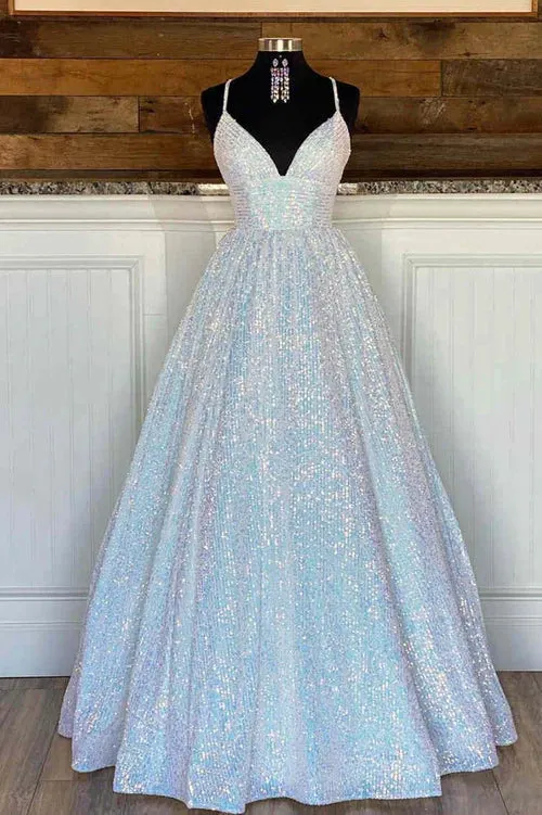 Elegant Stunning Pink Sequins A-Line Long Prom Dress Evening Dress