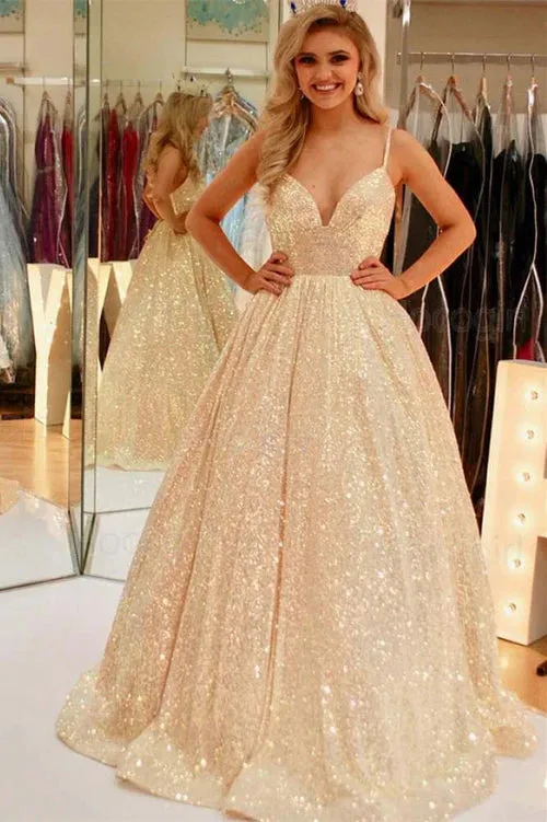 Elegant Stunning Pink Sequins A-Line Long Prom Dress Evening Dress