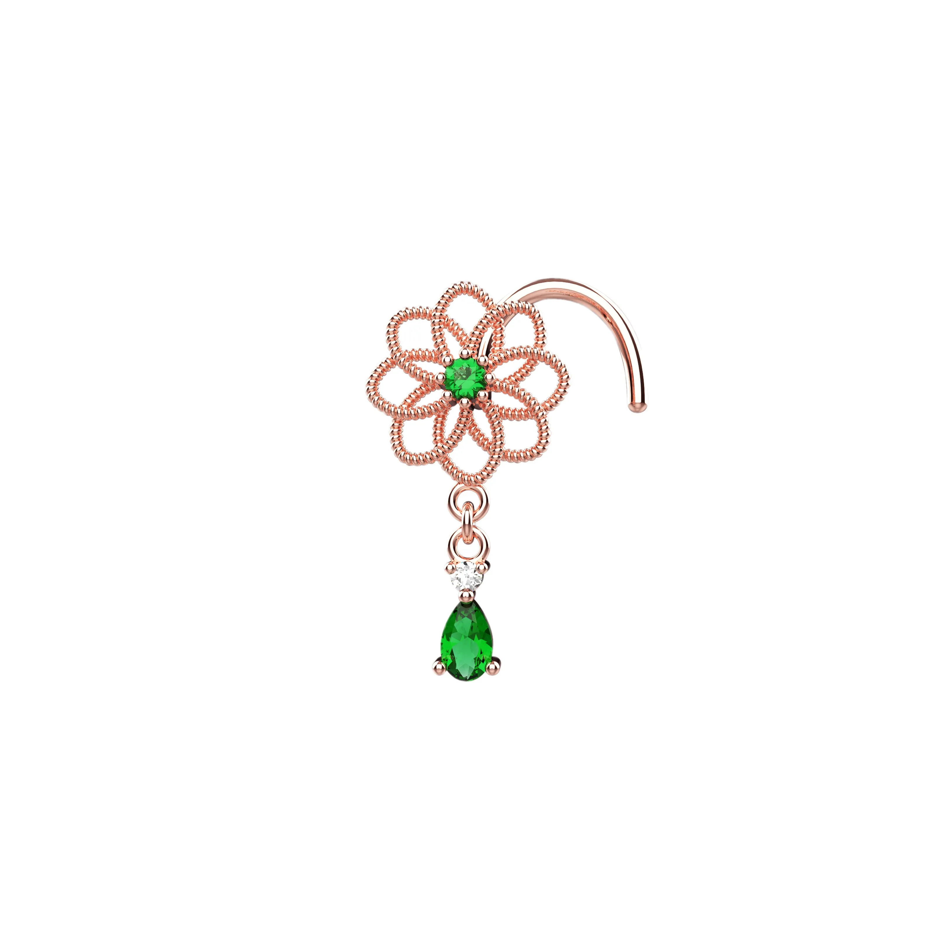 Emerald Drop Nose Ring | Dangling Gold Nose Stud Women
