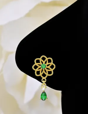 Emerald Drop Nose Ring | Dangling Gold Nose Stud Women