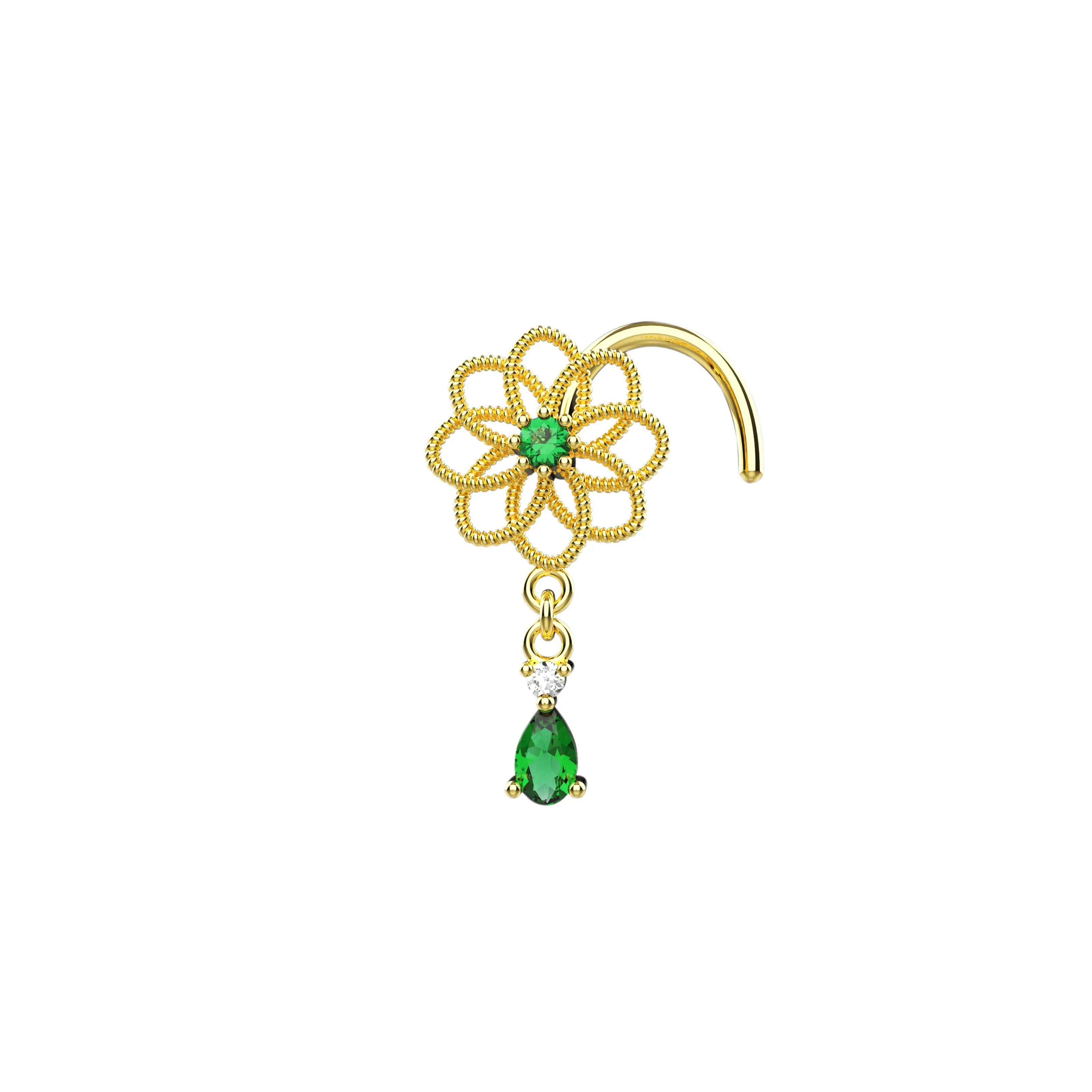 Emerald Drop Nose Ring | Dangling Gold Nose Stud Women