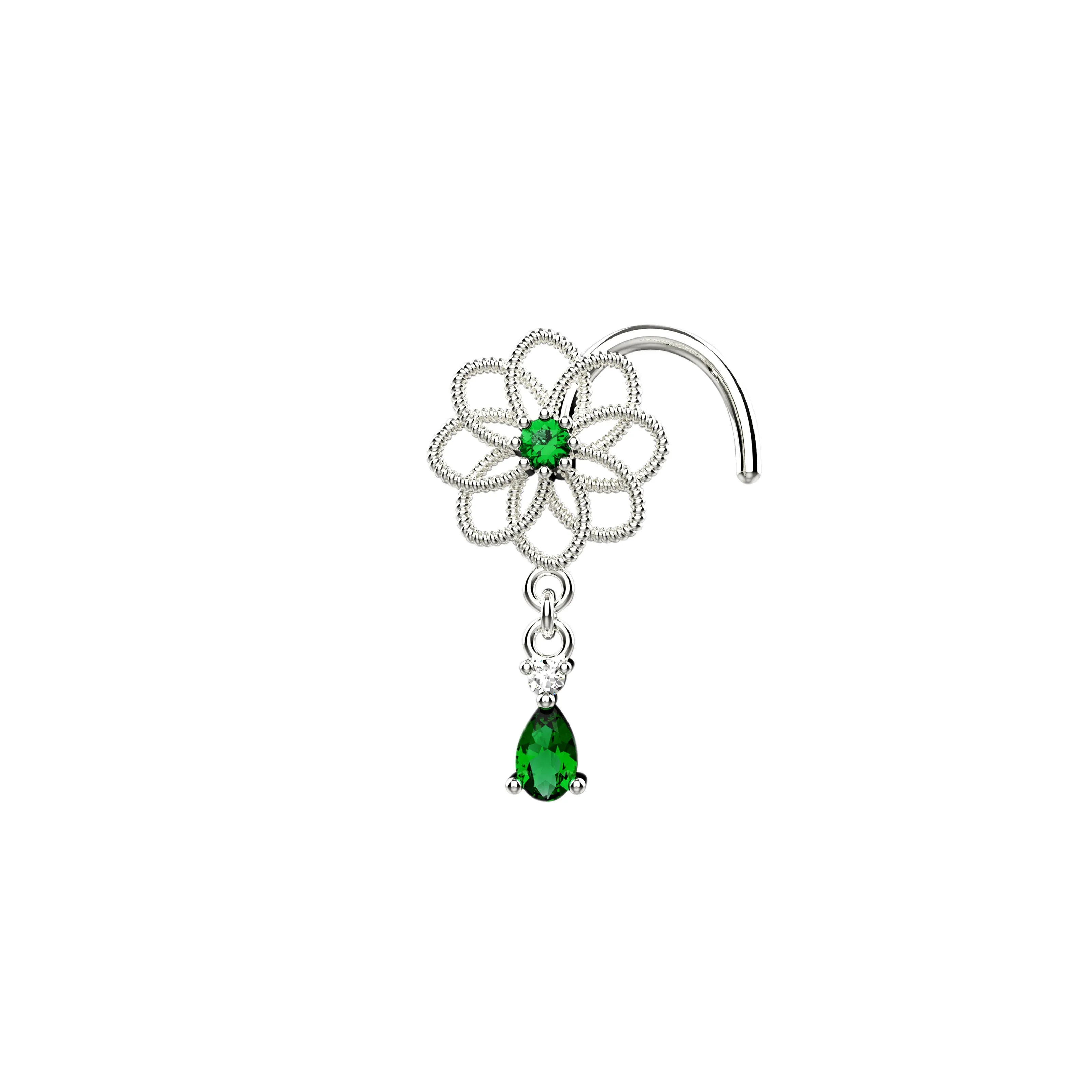 Emerald Drop Nose Ring | Dangling Gold Nose Stud Women