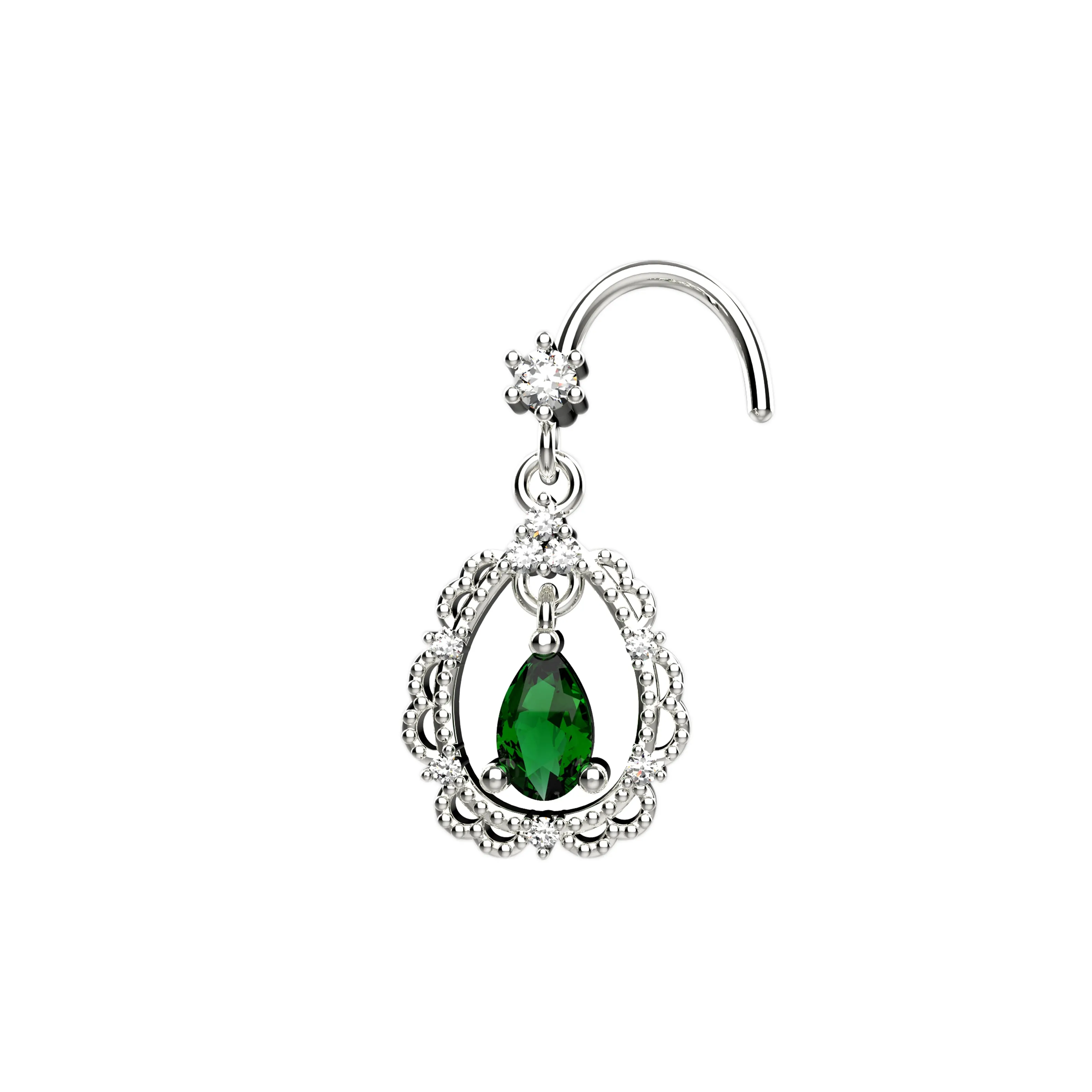 Emerald Stone Dangle Gold Nose Rings – 14K Nose Piercing Jewelry for Women