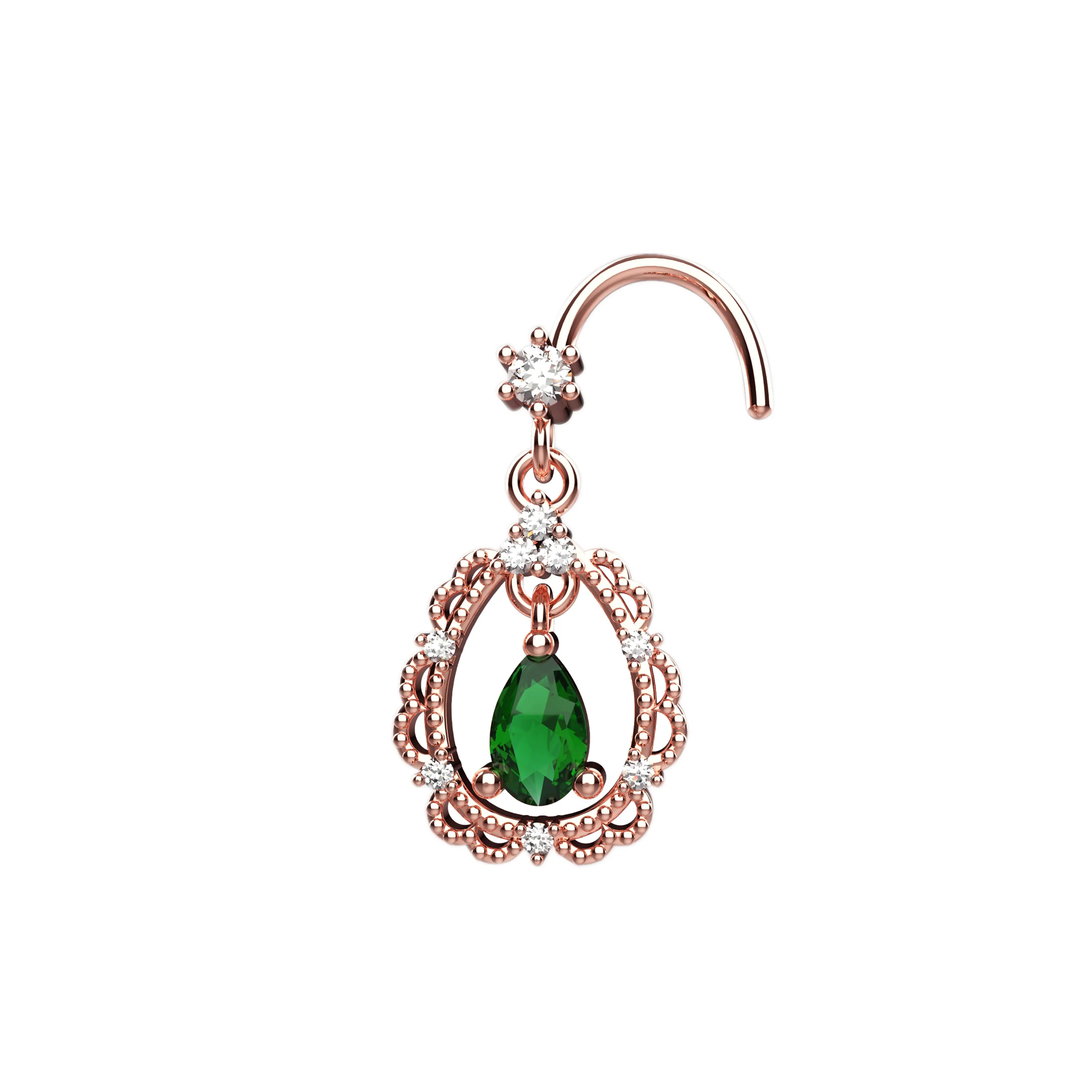Emerald Stone Dangle Gold Nose Rings – 14K Nose Piercing Jewelry for Women
