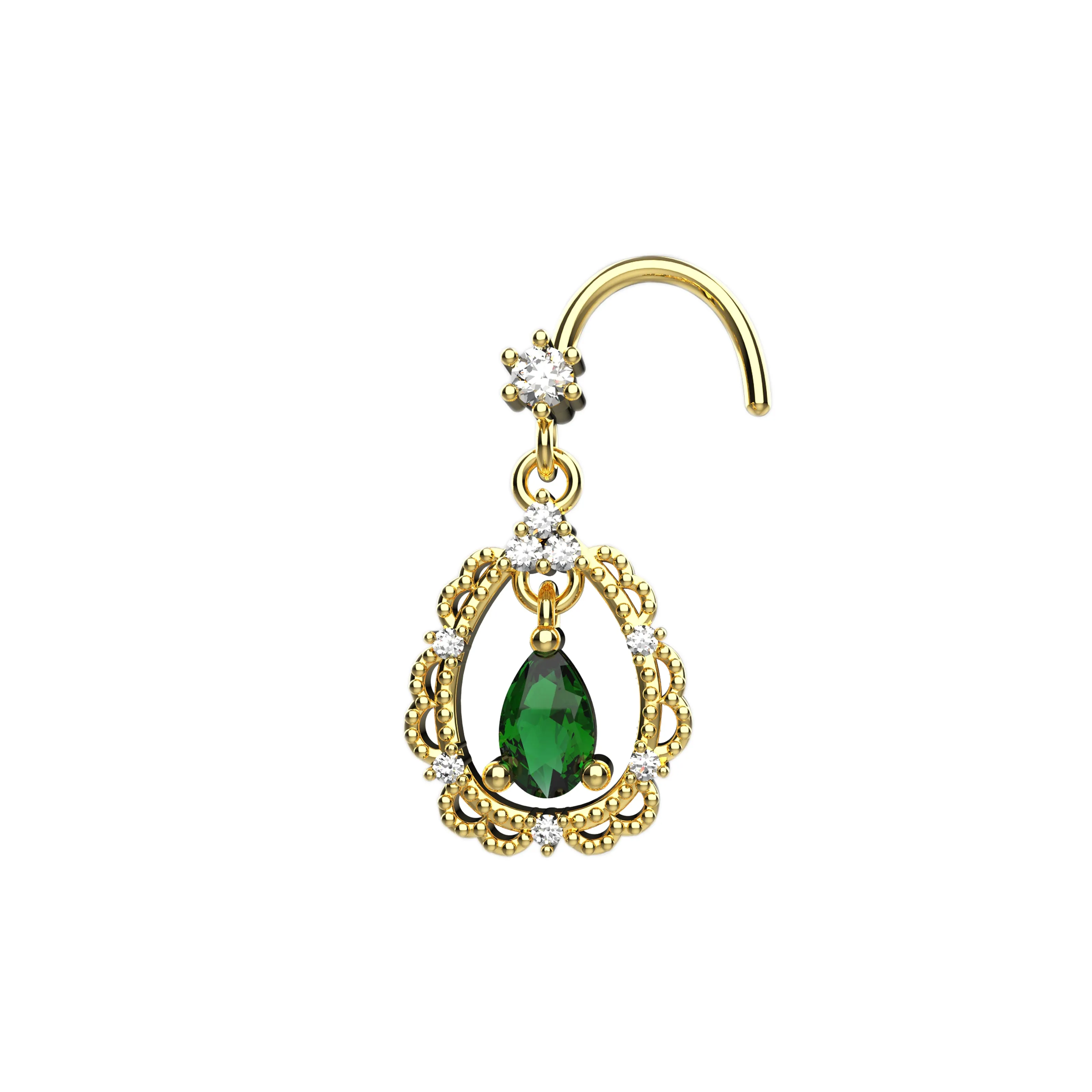 Emerald Stone Dangle Gold Nose Rings – 14K Nose Piercing Jewelry for Women