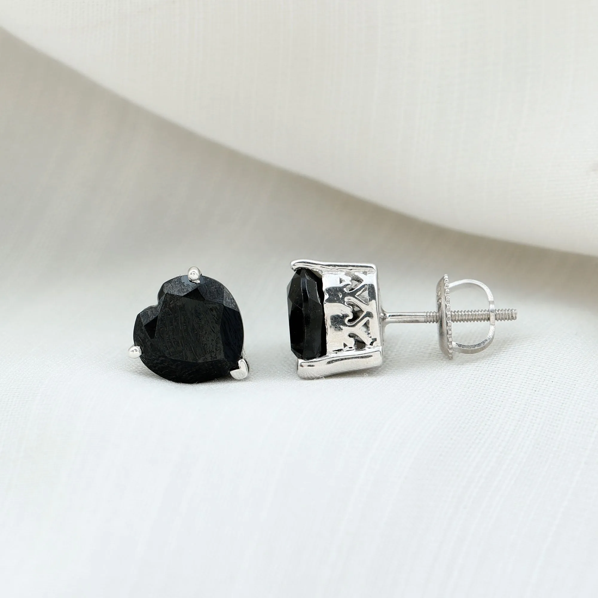 Heart Shape Black Onyx Solitaire Stud Earrings in 3 Prong Setting