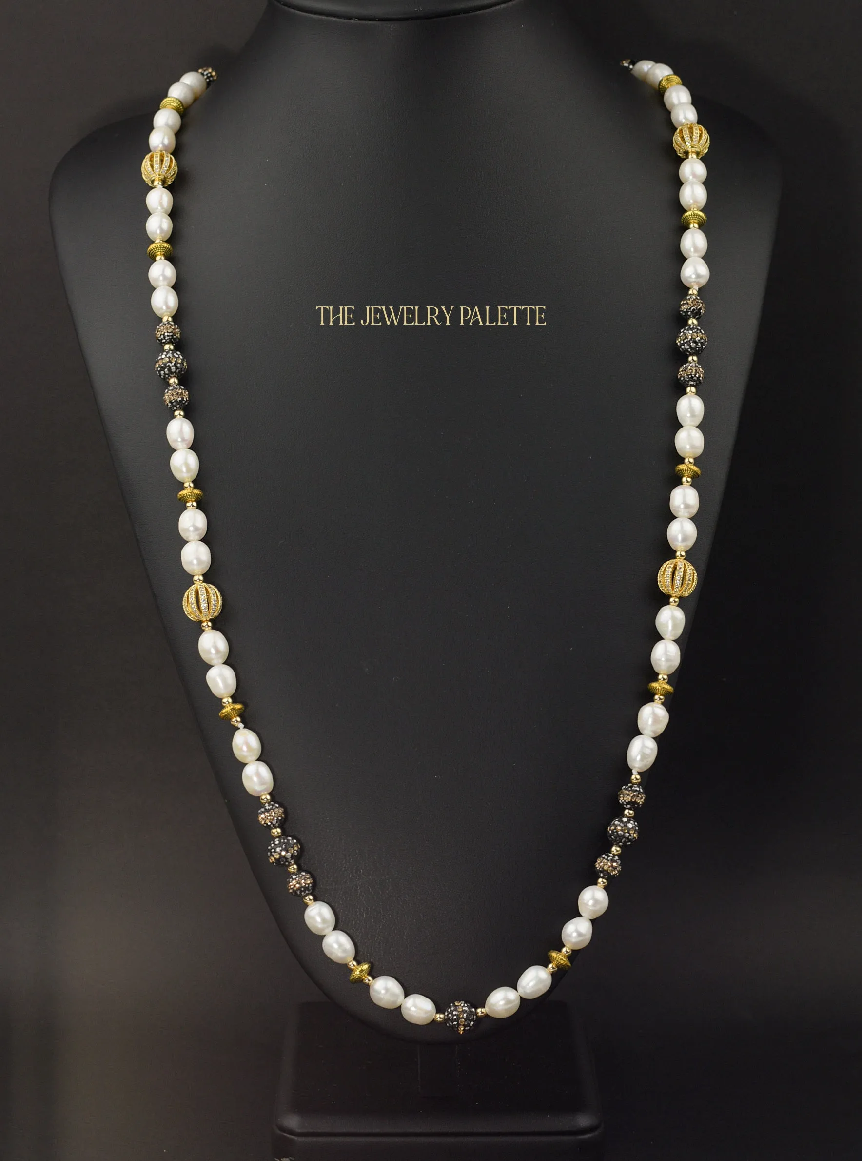Lunara freshwater pearl long necklace with black and gold accents