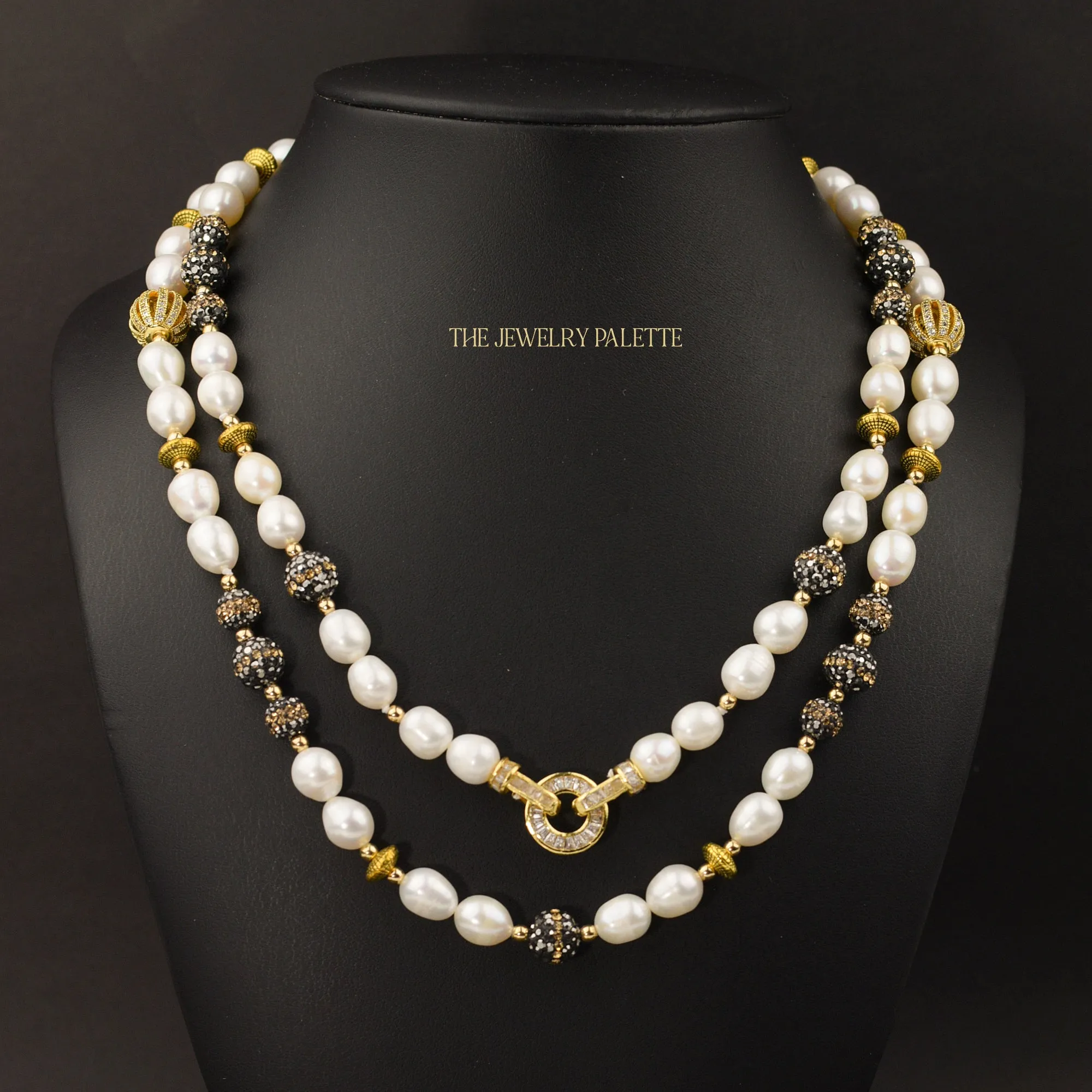 Lunara freshwater pearl long necklace with black and gold accents