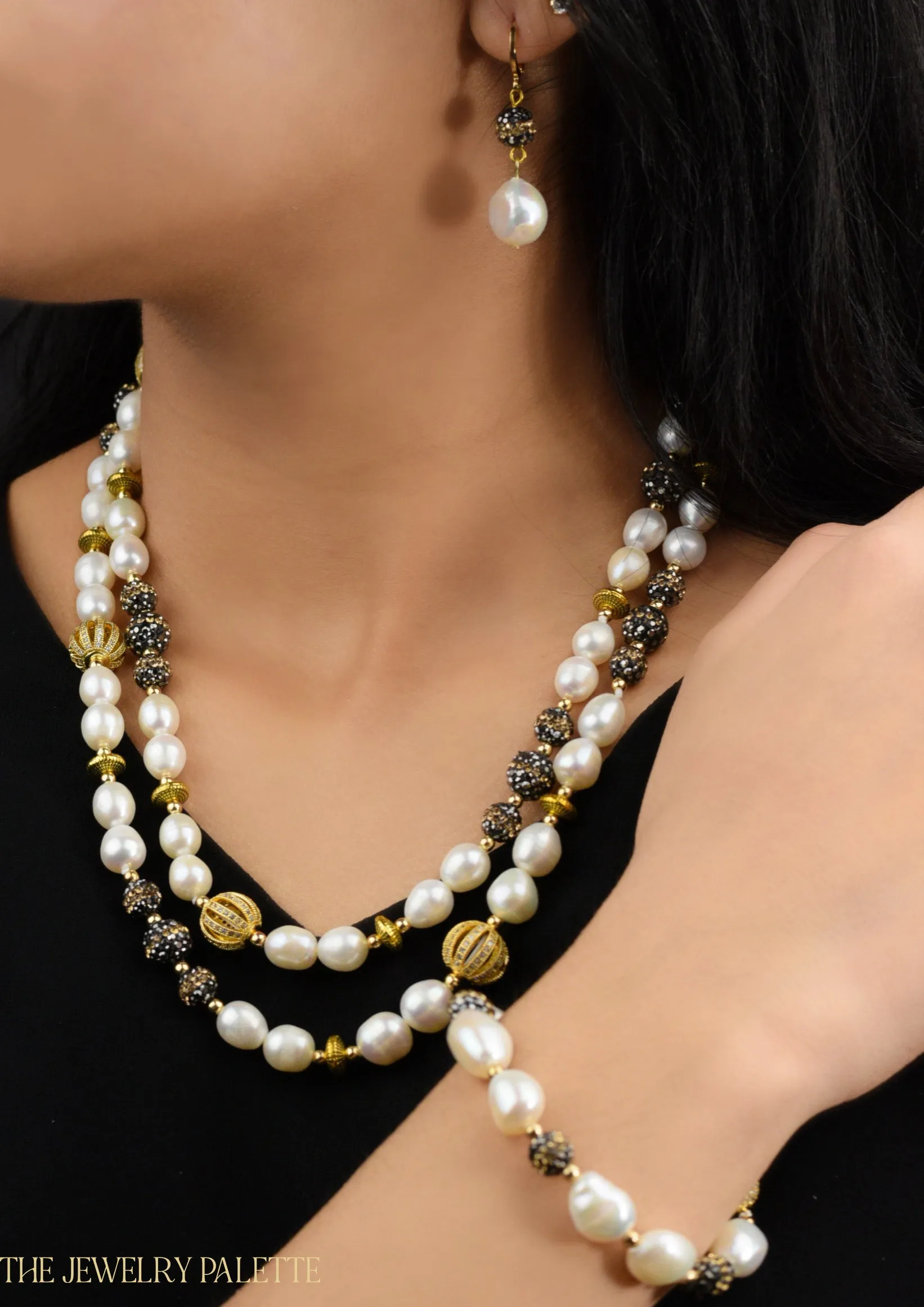 Lunara freshwater pearl long necklace with black and gold accents