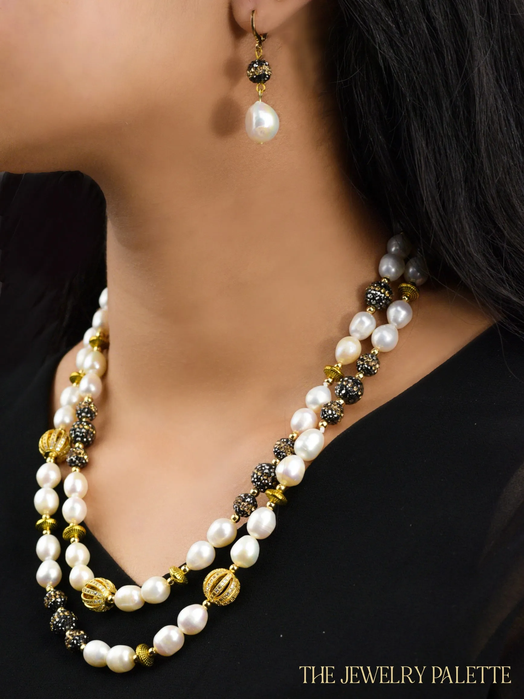 Lunara freshwater pearl long necklace with black and gold accents