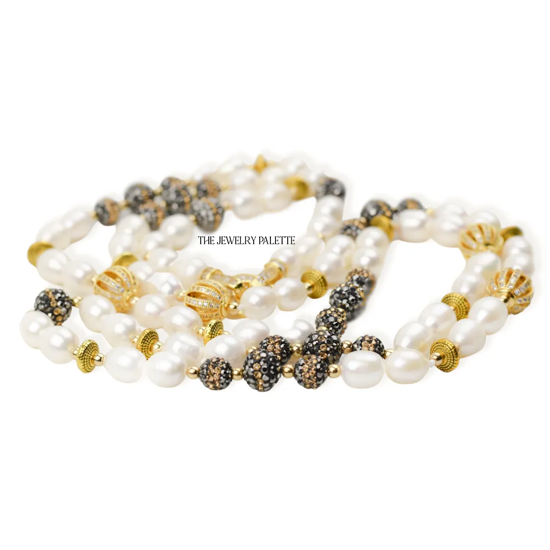 Lunara freshwater pearl long necklace with black and gold accents