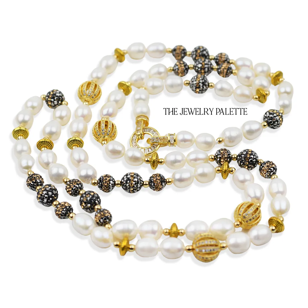 Lunara freshwater pearl long necklace with black and gold accents