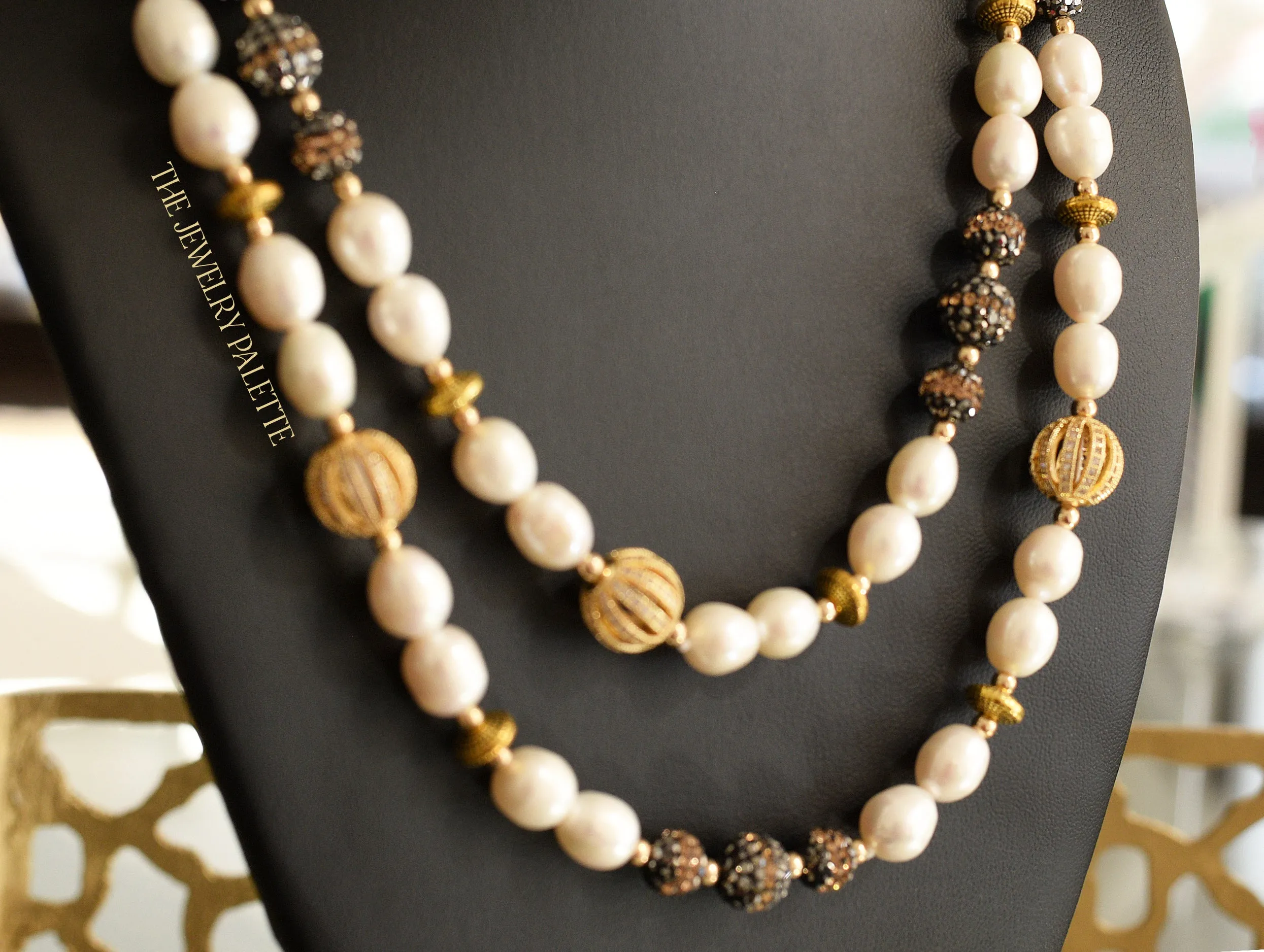 Lunara freshwater pearl long necklace with black and gold accents