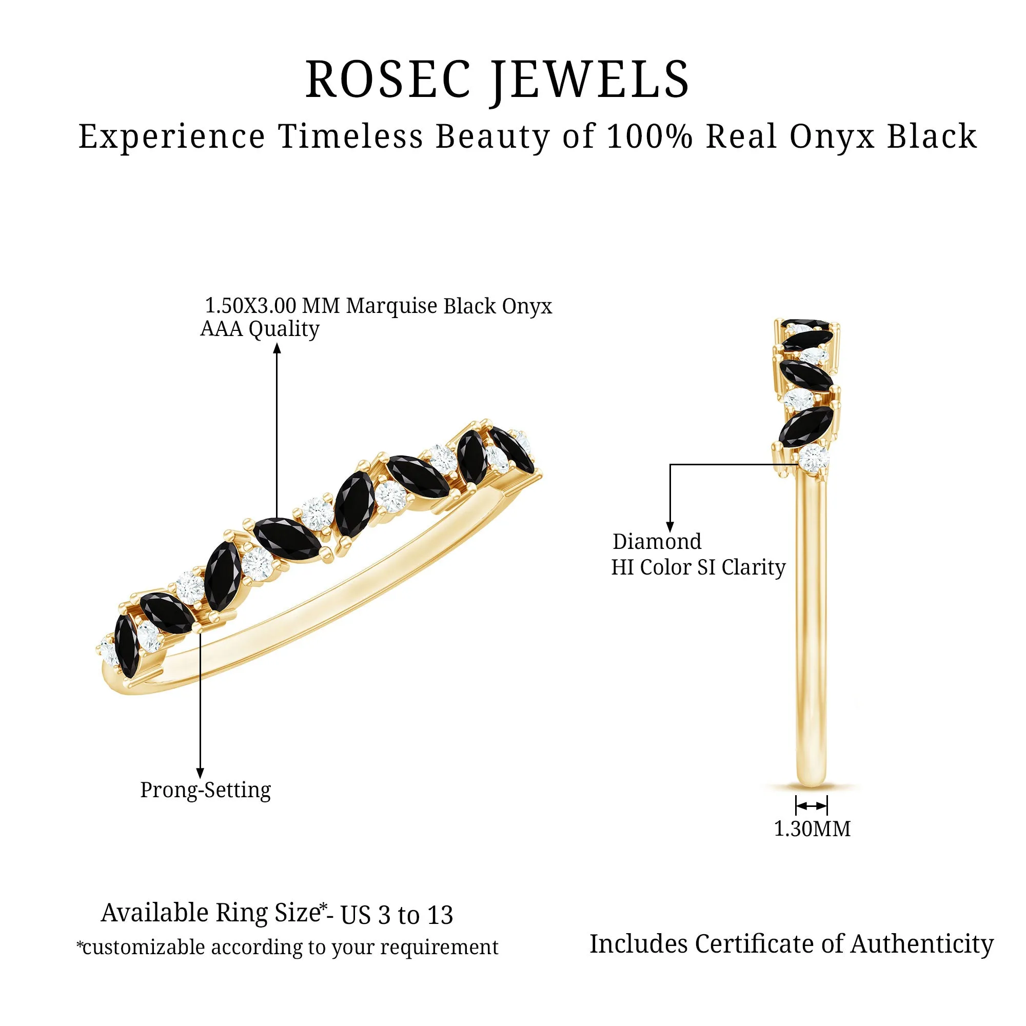 Marquise Black Onyx and Diamond Half Eternity Ring in Gold