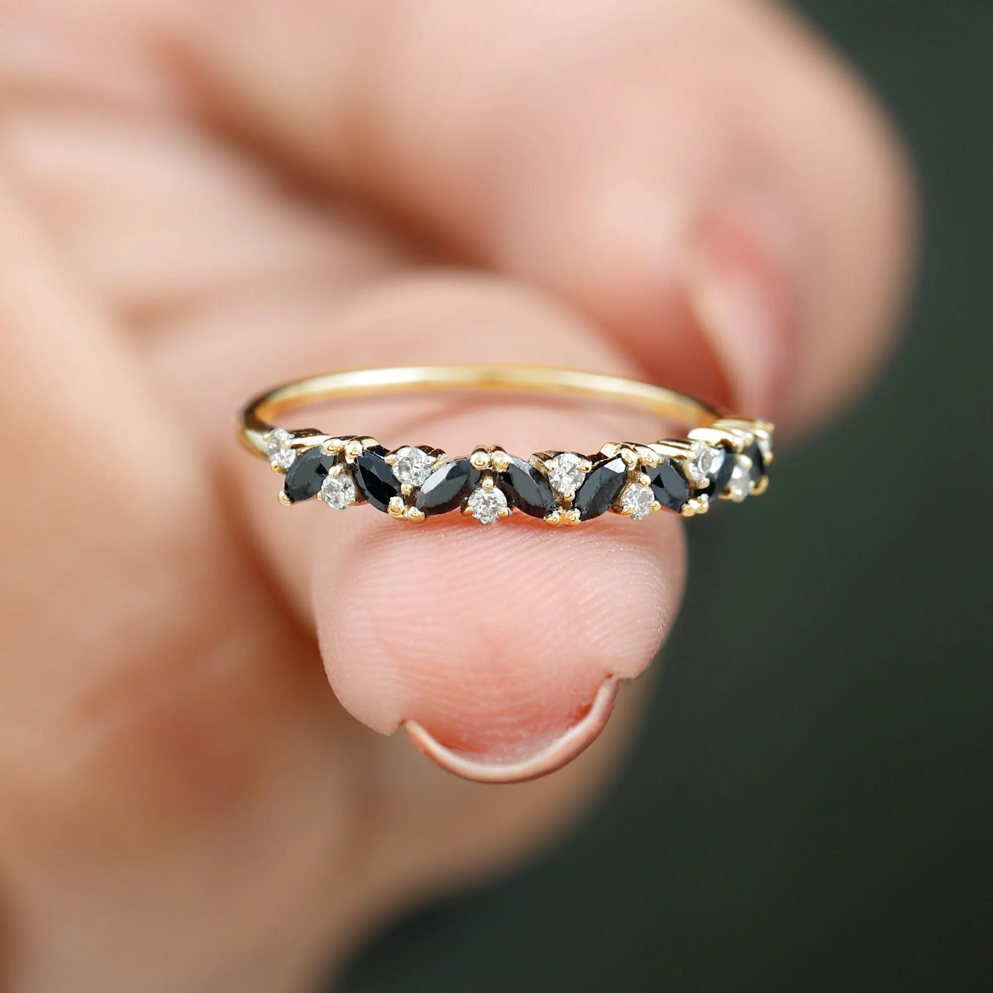 Marquise Black Onyx and Diamond Half Eternity Ring in Gold
