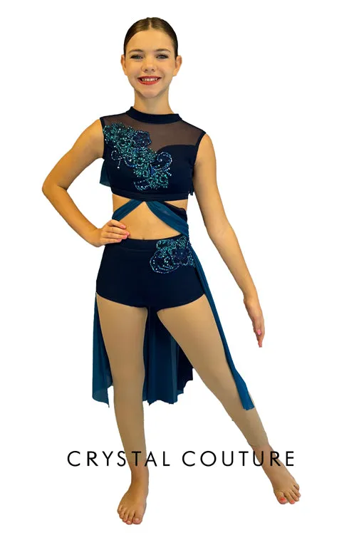 Navy Lycra & Sheer Mesh Top & Trunk/Piecey Back Skirt with Teal Blue - Swarovski Rhinestones
