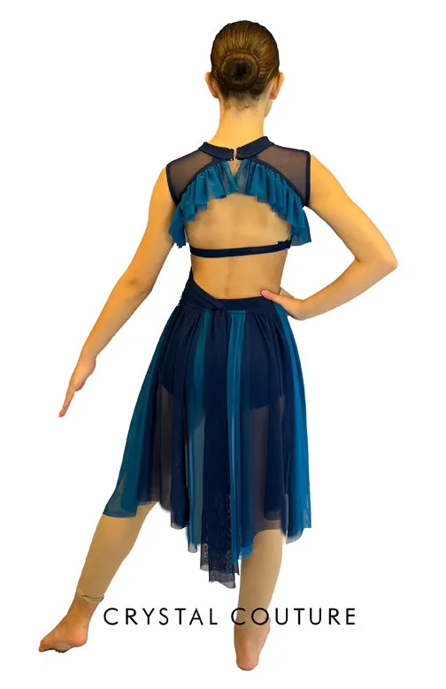 Navy Lycra & Sheer Mesh Top & Trunk/Piecey Back Skirt with Teal Blue - Swarovski Rhinestones