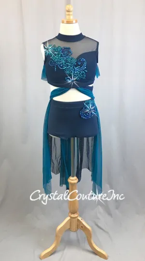 Navy Lycra & Sheer Mesh Top & Trunk/Piecey Back Skirt with Teal Blue - Swarovski Rhinestones