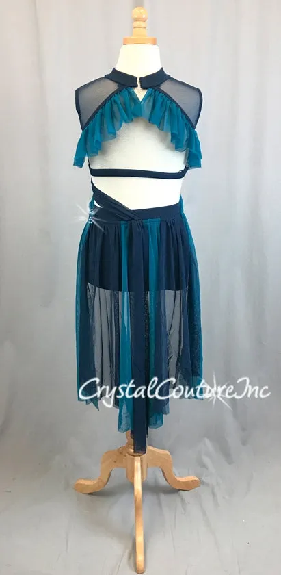 Navy Lycra & Sheer Mesh Top & Trunk/Piecey Back Skirt with Teal Blue - Swarovski Rhinestones