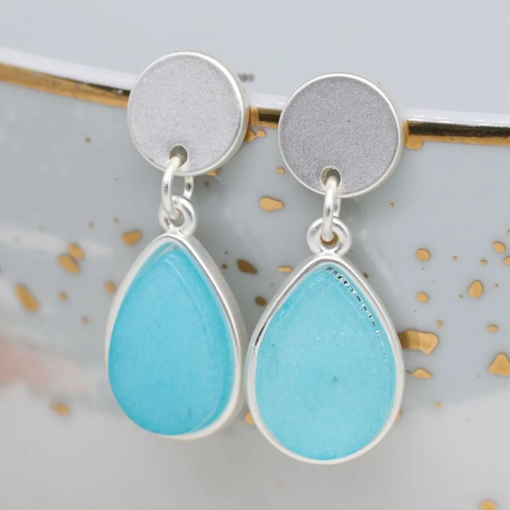POM Matt Silver Plated Disc and Aqua Teardrop Earrings