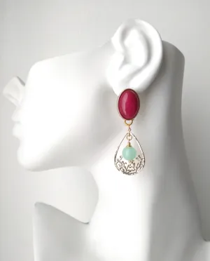 Red Jade Brass Studs with Mint Green Jade Filigree Dangles