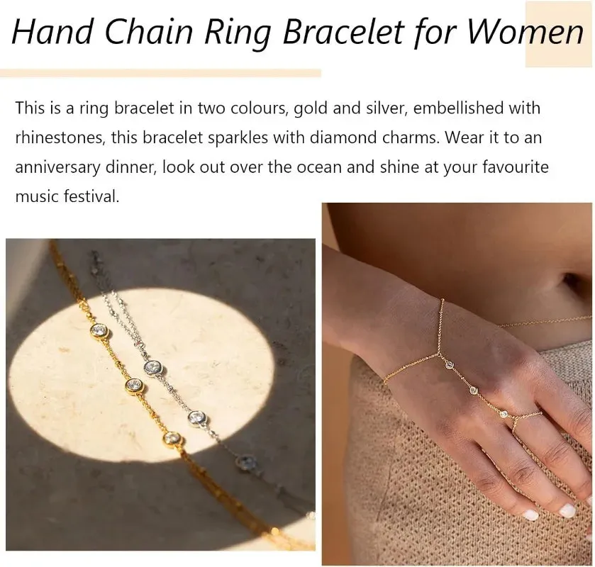 Rhinestone Ring Bracelet Hand Chain – Adjustable, Stylish Jewelry for Women & Girls