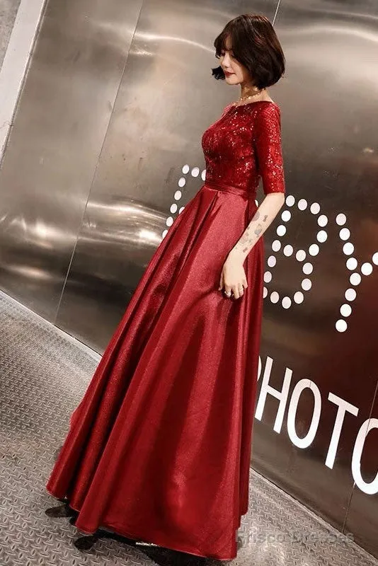 Stunning Evening Dresses Burgundy Half Sleeve Sequin Satin Floor Length Long Prom Gown