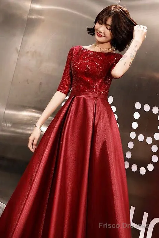 Stunning Evening Dresses Burgundy Half Sleeve Sequin Satin Floor Length Long Prom Gown
