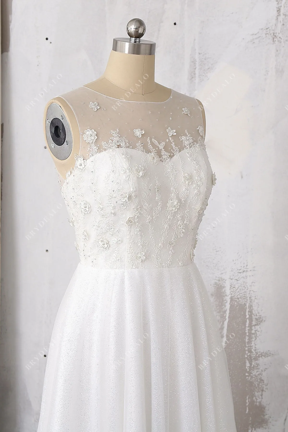 Stunning Glitter Tulle Wedding Dress with Floral Lace Appliques